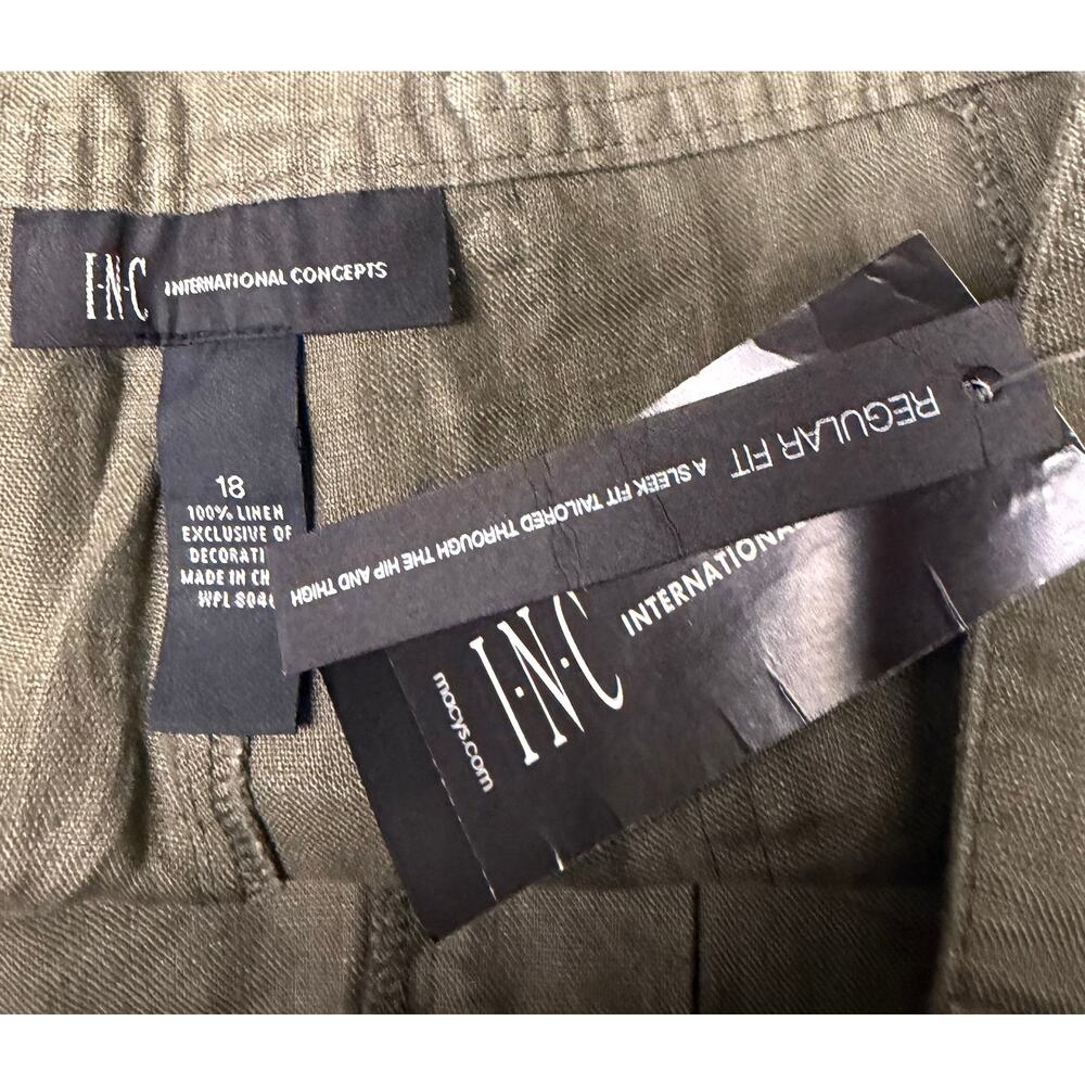 INC International Concept Linen Capri Pants Women 18 Olive Green Beaded Trim New - Picture 8 of 11